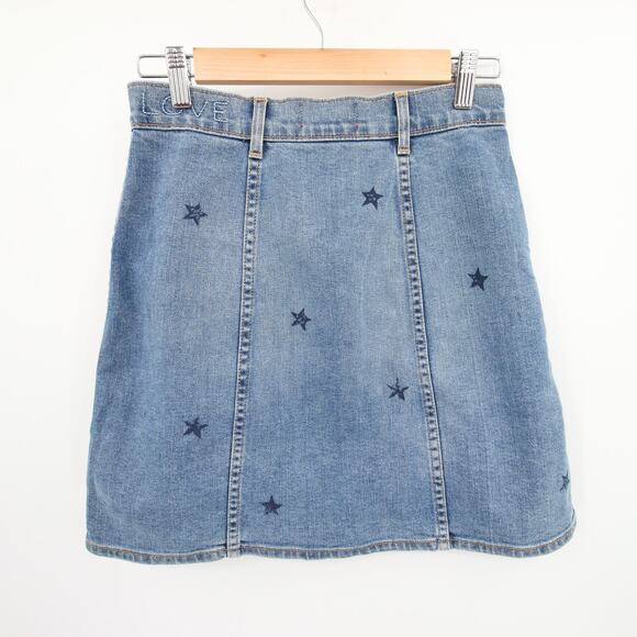 SUNDRY Denim Skirt Blue Mini Red Stars Button Front Casual Pleated A Line 25 - Picture 8 of 8